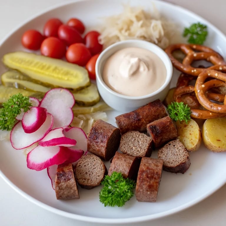 A close-up of a colorful Vegan German Sausage Board with perfect fresh veggie garnishes and pretzels.