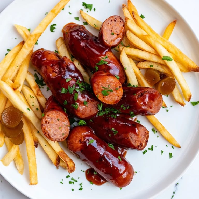 Sizzling Currywurst Board, featuring perfectly grilled sausages with a flavorful, warm curry ketchup.
