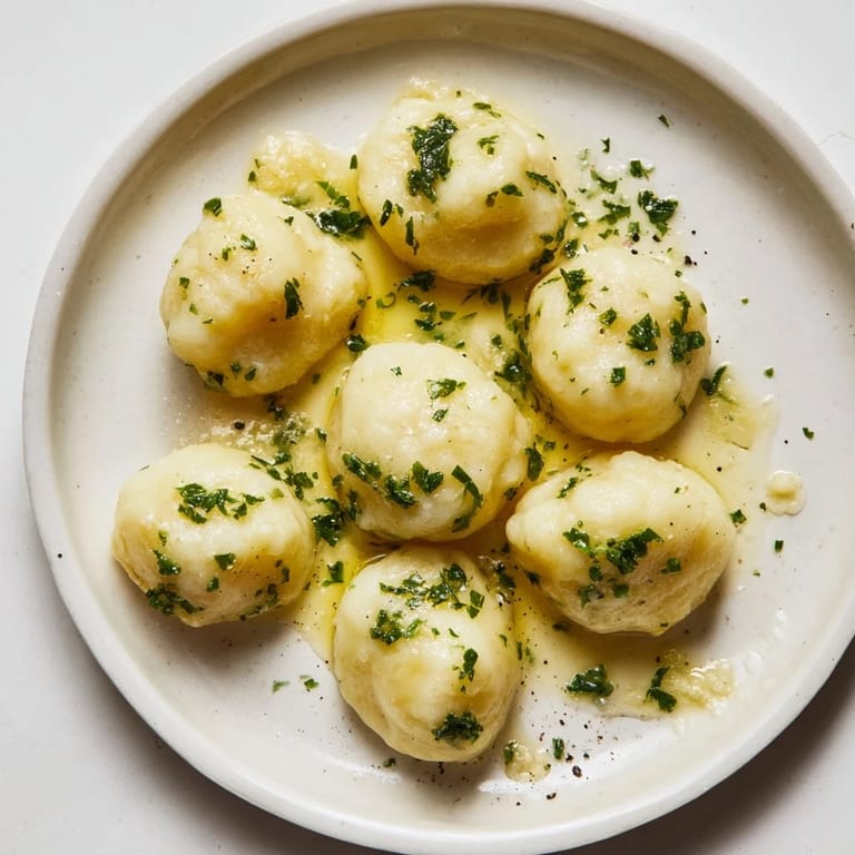 A close-up shot of homemade potato dumplings, showcasing the tender texture and aromatic truffle oil drizzle.
