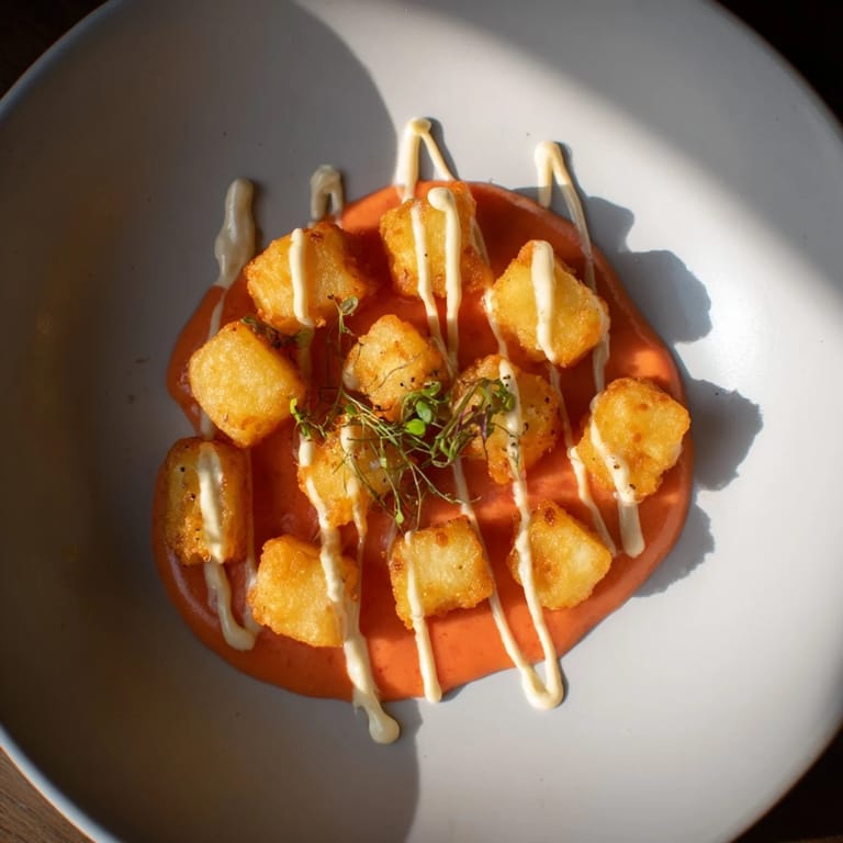 Enjoy the delicious aroma of homemade Patatas Bravas, featuring crispy potatoes and spicy tomato sauce.
