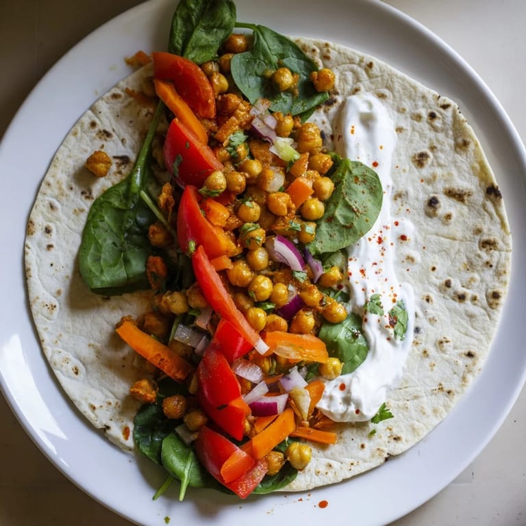 Golden tortilla showcasing the healthy chickpea & vegetable wrap, perfect for a quick and easy lunch.