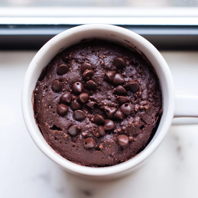Steaming chocolate mug cake, a quick American dessert, topped with optional chocolate chips.