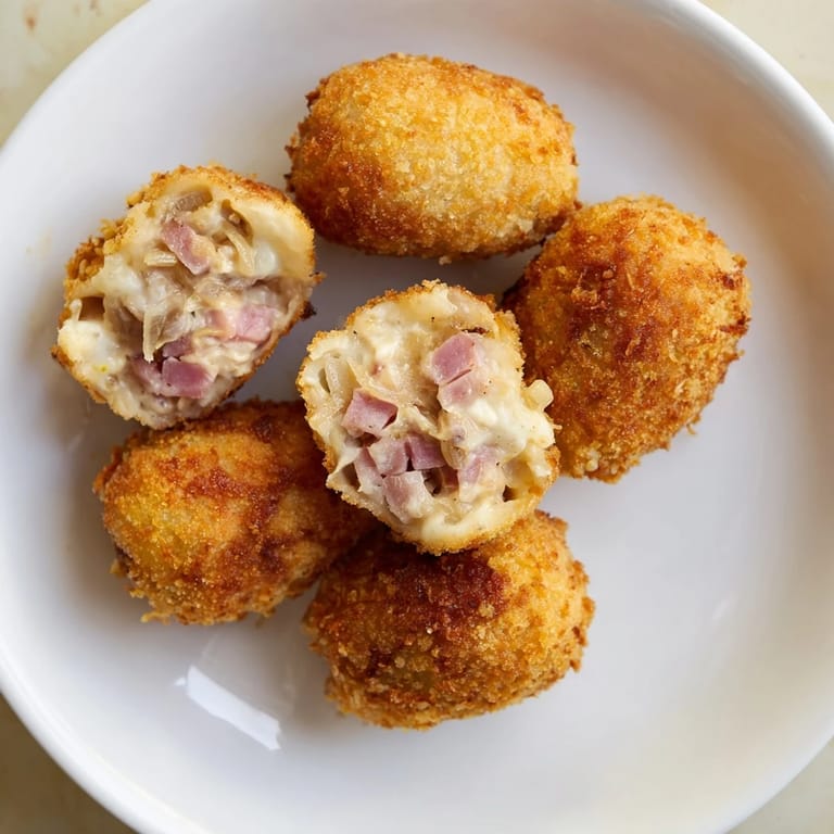 Freshly fried homemade croquettes, golden brown with a creamy filling, ready to serve.