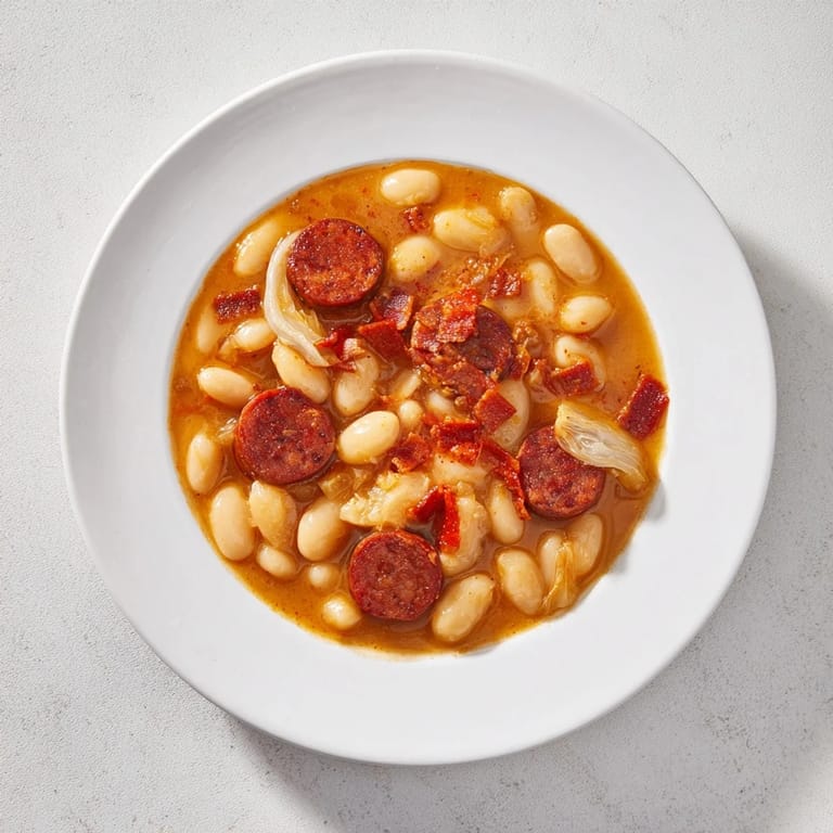 Close-up of a richly flavored Fabada Asturiana stew, perfect for a cozy Spanish dinner.