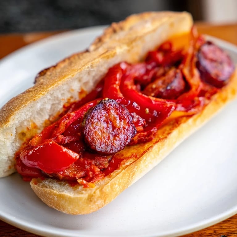 Close-up photo of the Cheap Spanish Street-Food Sandwich, showing delicious chorizo and roasted peppers.