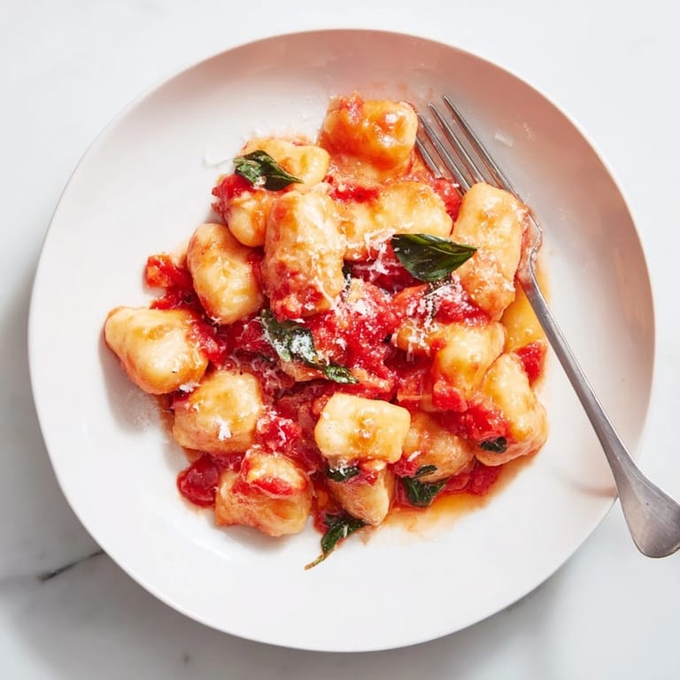 A close-up of steaming potato gnocchi with simple tomato sauce, inviting a warm bite.