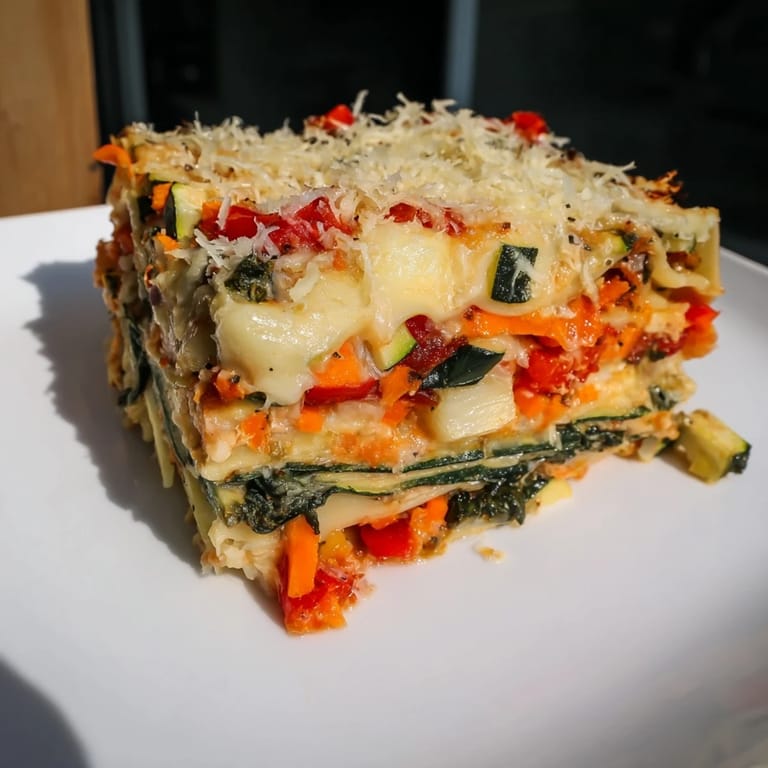 Close-up of a warm and savory vegetable lasagna, filled with a creamy béchamel sauce.