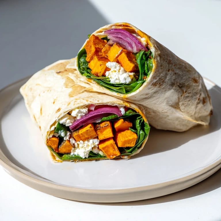 Enjoy a colorful Sweet Potato and Goat Cheese Wrap featuring warm, tender sweet potato and tangy goat cheese.