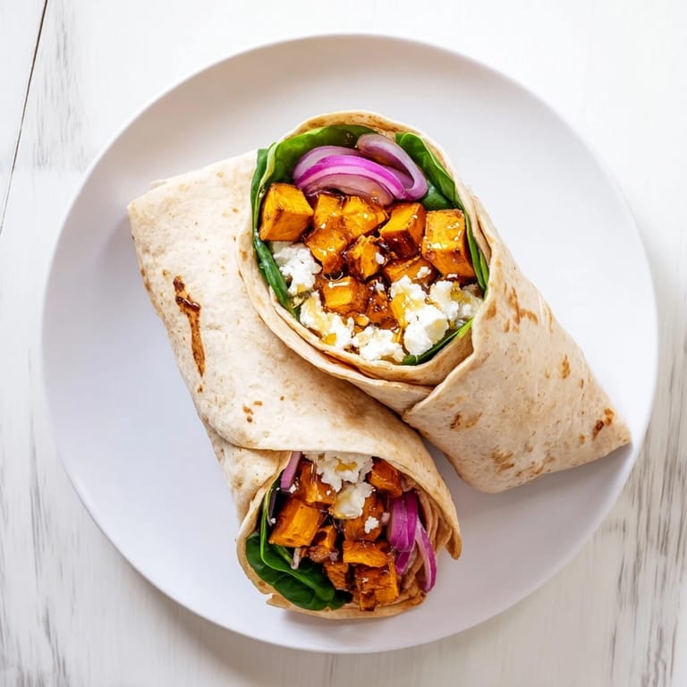 Homemade Sweet Potato and Goat Cheese Wrap, ready to eat, with visible ingredients and a drizzle of honey.