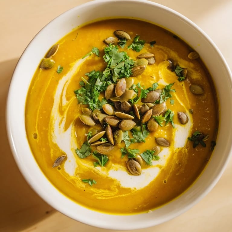 Close-up of a flavorful creamy pumpkin & curry winter soup, perfect for a cozy, delicious meal.