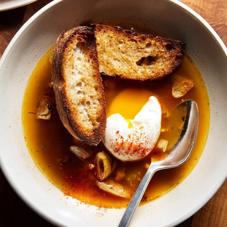 Golden garlic and bread in rich broth: A visual of The Easiest 5-Ingredient Sopa de Ajo, ready to eat.