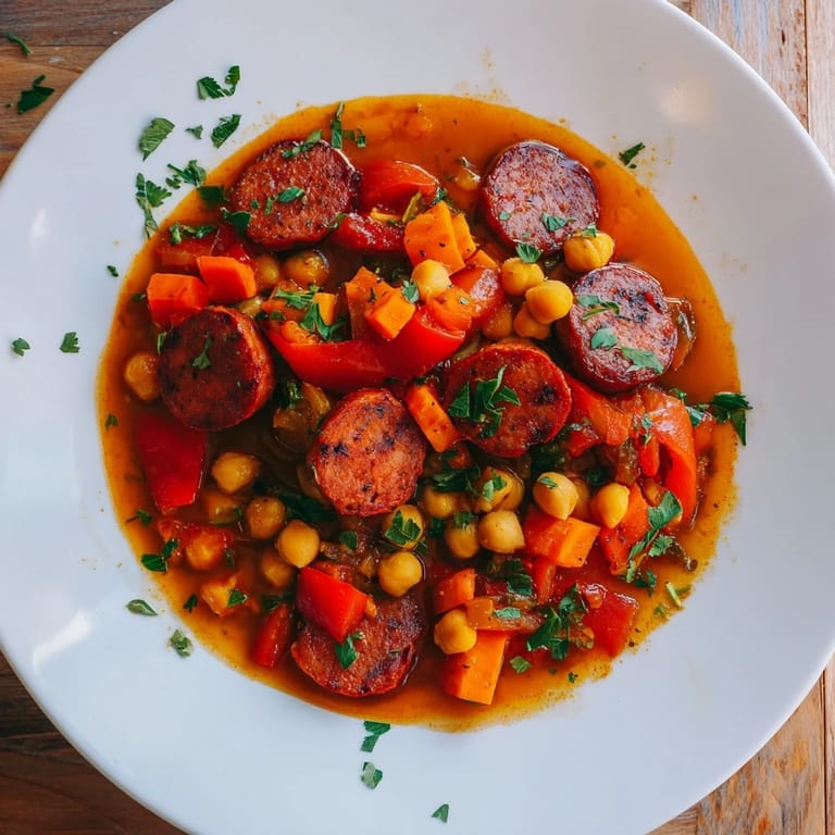 Close-up of the flavorful, gluten-free chorizo and chickpea stew, garnished with fresh parsley.