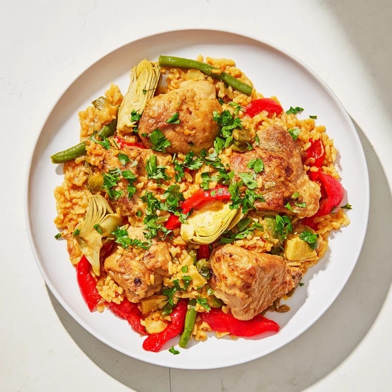 Close-up of a sizzling pan of authentic paella, showcasing chicken and vibrant vegetables.