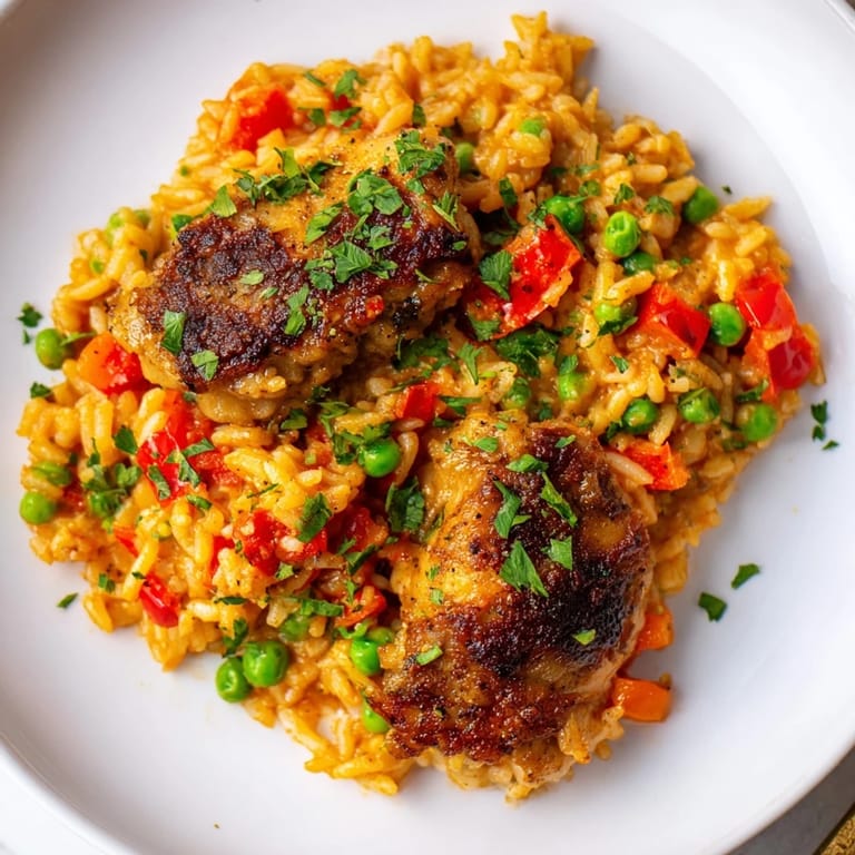 Hearty Smoked Paprika Chicken and Rice Casserole with visible peas, perfect for a cozy weeknight meal.