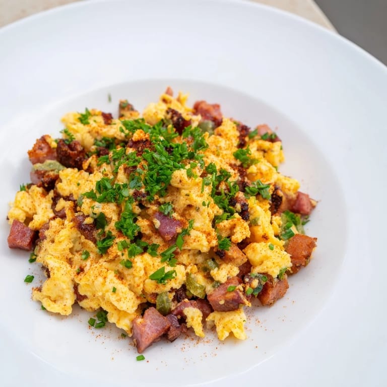 Golden, fluffy Spanish Ham & Egg Scramble, showcasing savory ham and spiced morcilla crumbles.