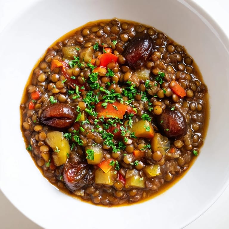 Rich and delicious Abuela's Secret Lentil Stew with Prunes, perfect for a cozy, comforting meal.
