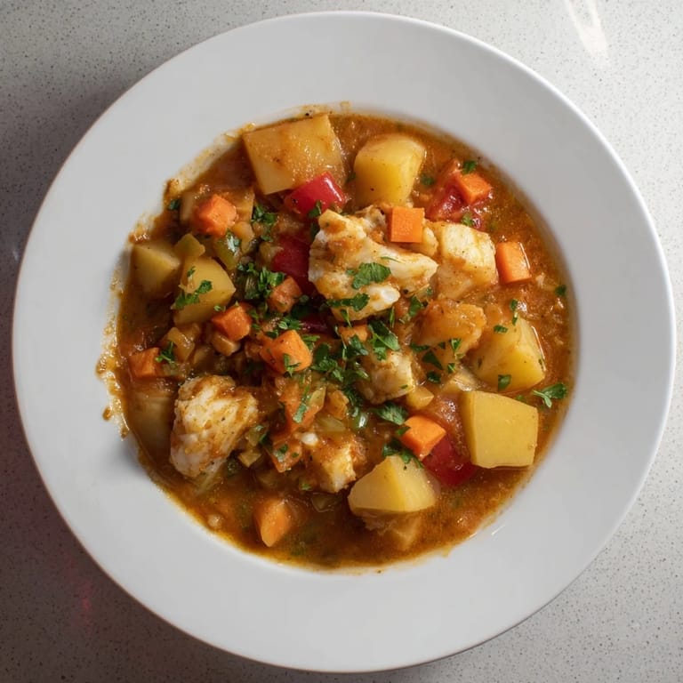 A warm, inviting shot of the finished 1-Pan Potato and Bacalao Stew, ready to serve with parsley.