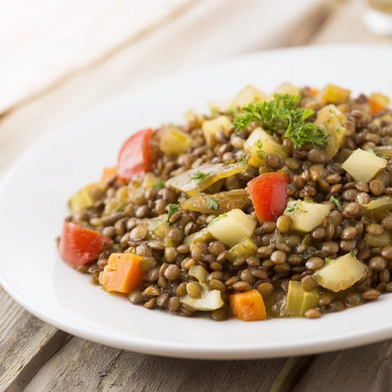 A steaming bowl of Abuela's Secret Lentil Stew, with visible prunes and colorful vegetables.