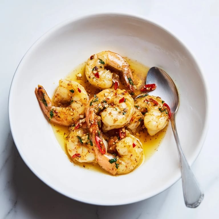 Close-up of a flavorful Quick Shrimp and Garlic Oil Dip, perfect for dipping with vibrant vegetables.