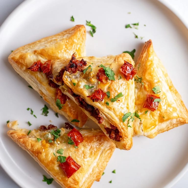 Crispy air fryer Spanish pastry squares, filled with chorizo, Manchego, and peppers, perfect party snack.