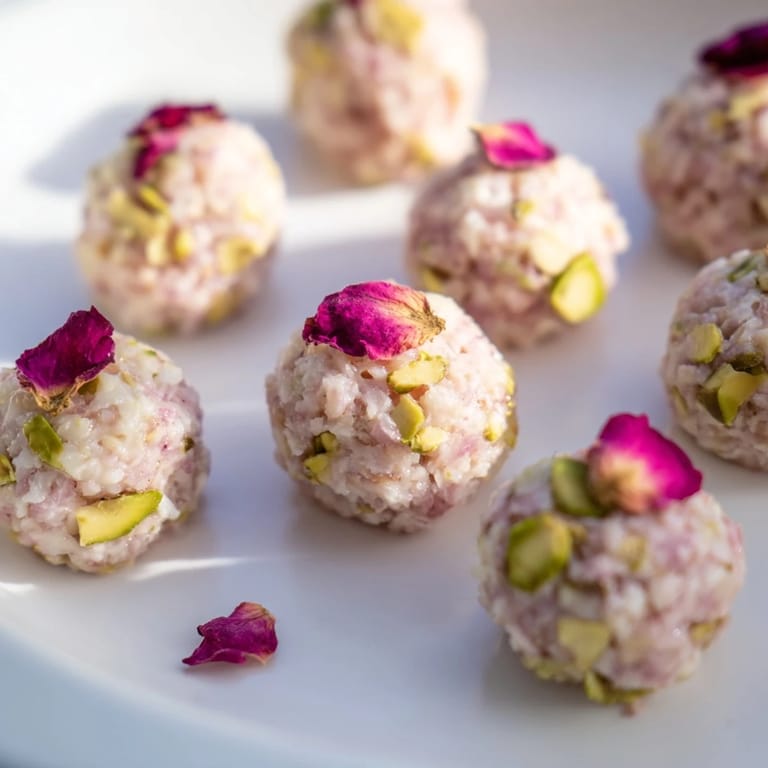 Freshly made Quick Mazapán Rose Candy, perfectly round and ready to eat, garnished with delicate rose pieces.