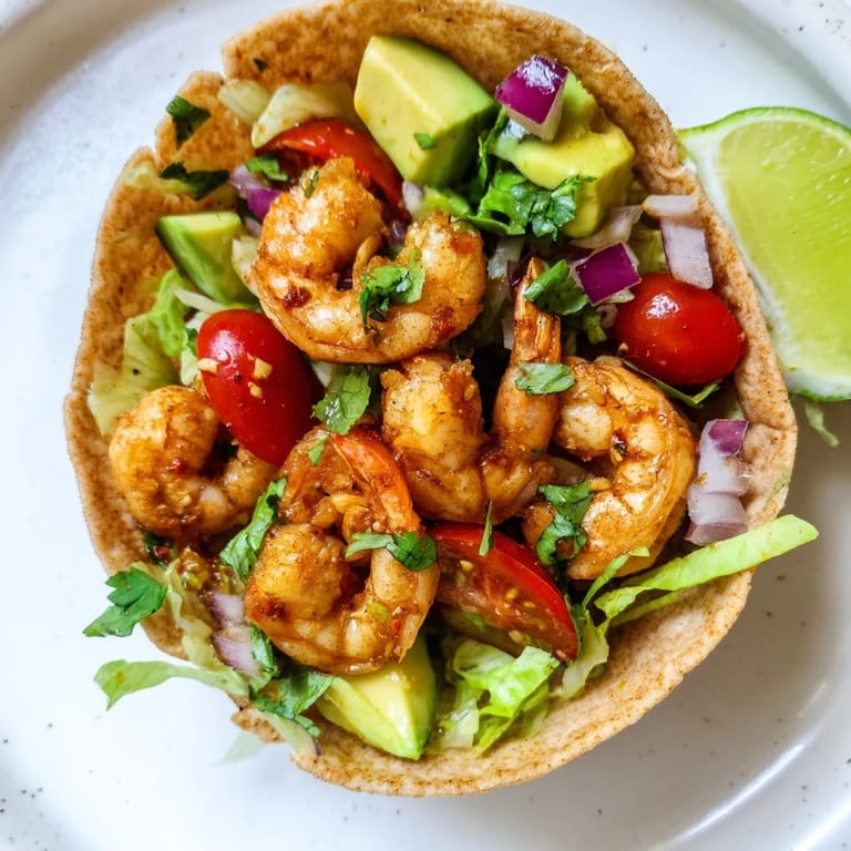 Crispy lightened Gambas Tortilla Cups appetizer, a Mediterranean delight with vibrant shrimp and fresh toppings.