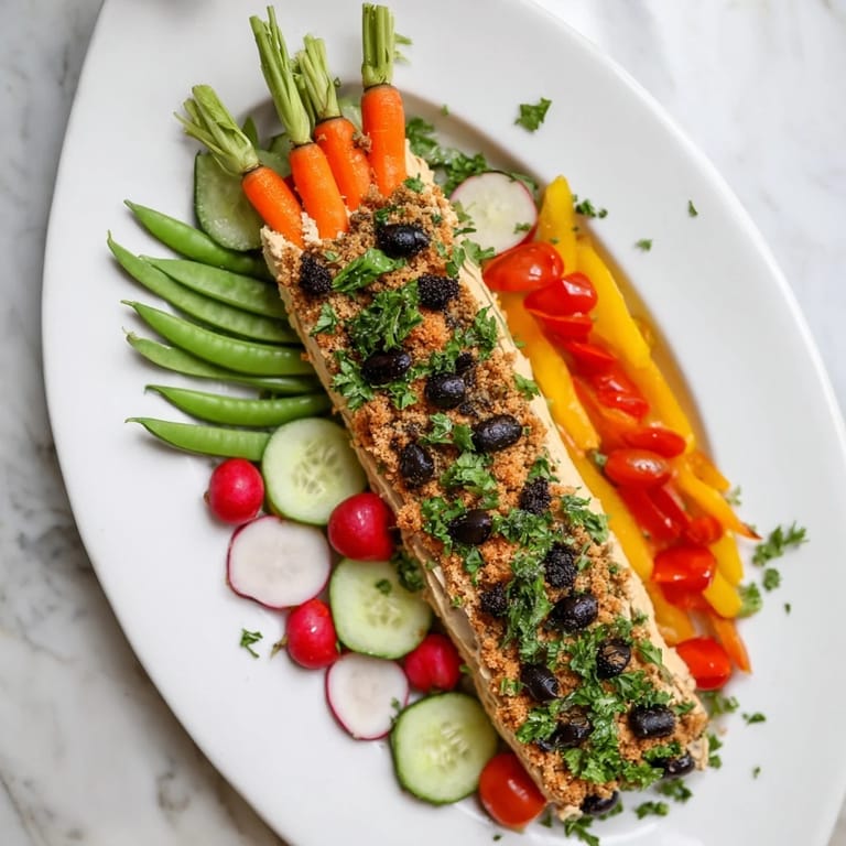 Close-up of a whimsical Carrot Patch Veggie Board featuring fresh carrots and a soil-like dip.