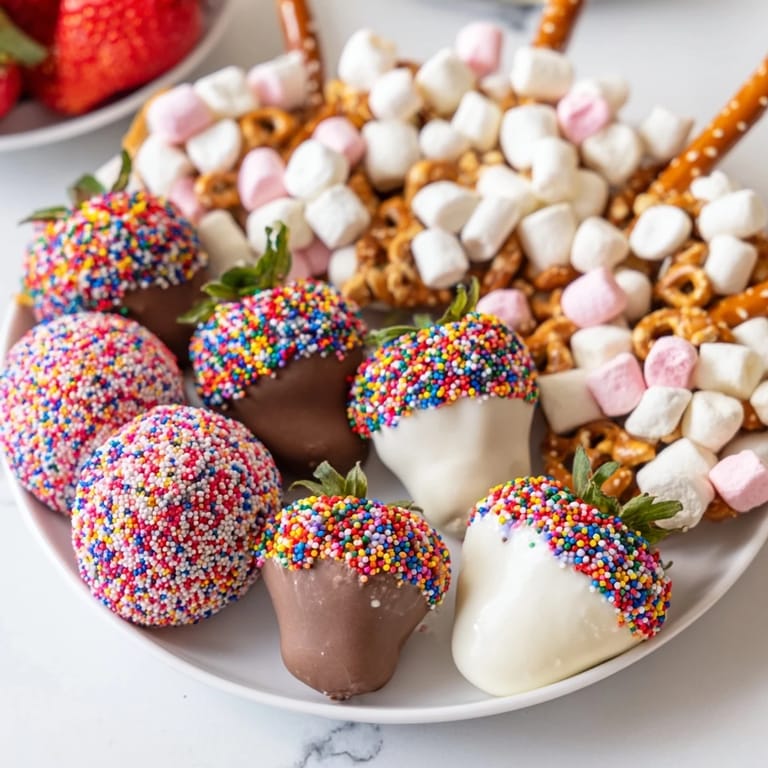 Close-up of a festive Rainbow Sprinkle Party Board, showcasing dipped fruits and sweets covered in delightful rainbow sprinkles.