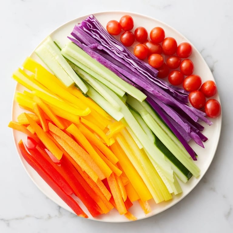 Fresh, crisp Rainbow Arch Bright Veggie Sticks, a vibrant mix of colorful, crunchy vegetable sticks.