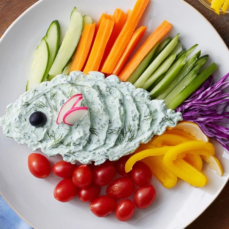 Vibrant Ocean Blue Fish-Shaped Dip Tray: fresh veggies arranged with herbed dips for a party.