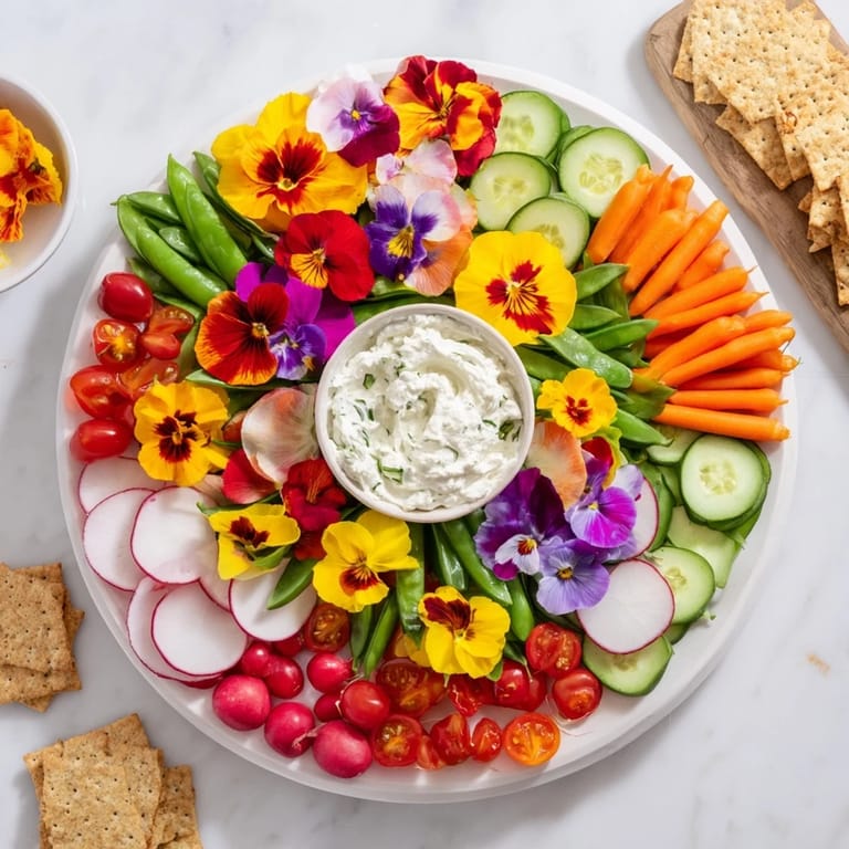 A spring-inspired Fairy Garden Platter showing fresh veggies and creamy dips perfect for sharing.