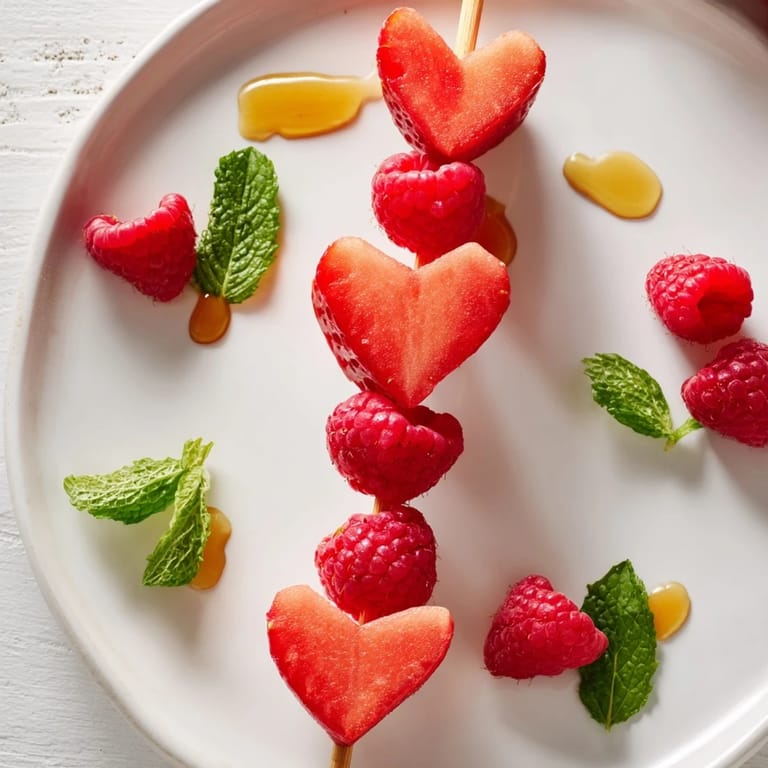 Brochetas con fresas, sandía y frambuesas, una colorida presentación de postre vegano y refrescante.