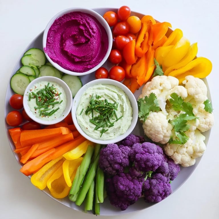 A colorful platter of rainbow vegetable dips showcasing fresh vegetables with creamy homemade dips.