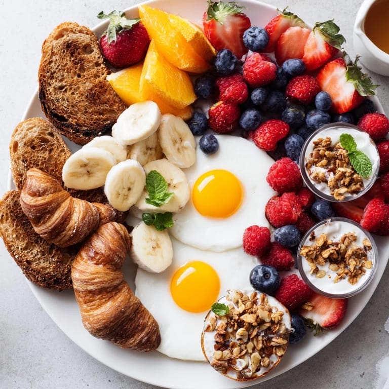 This appetizing Soleil Matinal breakfast recipe showcases sunny-side-up eggs, fruit, and toasted bread ready to enjoy.