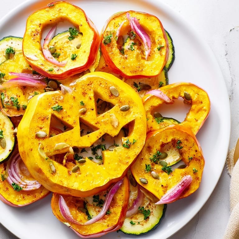 Beautifully arranged Pumpkin Lantern on a Halloween Plate, with roasted bell peppers and zucchini creating a festive look.
