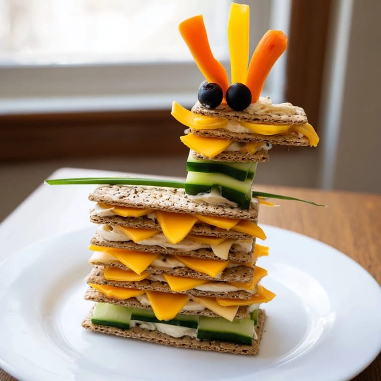 A whimsical Giraffe Tall Cracker Stack, showcasing cheesy layers with cucumber and carrot accents.