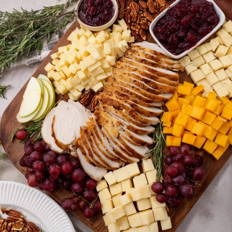 This vibrant board displays a Turkey Cheese and Cracker Board with juicy grapes and nutty pecans for snacking.