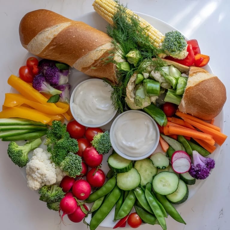 A vibrant Cornucopia Veggie Board features fresh vegetables spilling, ready for dipping and sharing.