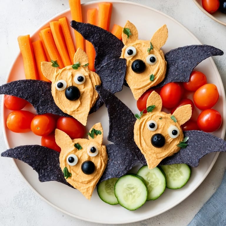 A delicious Spooky Bat Bean Dip platter, ready to be served with colorful veggies and chips.
