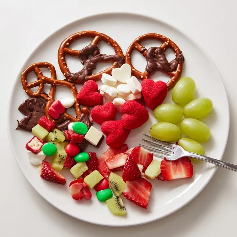 Delicious Grinch's Heart Pretzel Board displaying salty pretzels with gummy hearts and refreshing fruit.