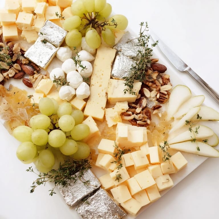 Delicious Gold and Silver Cheese Cube Board featuring Gouda, cheddar, manchego, and goat cheese with fruit.