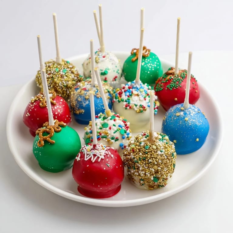 Shiny, decorated ornament ball cake pops, perfect for a party, looking delicious and fun.