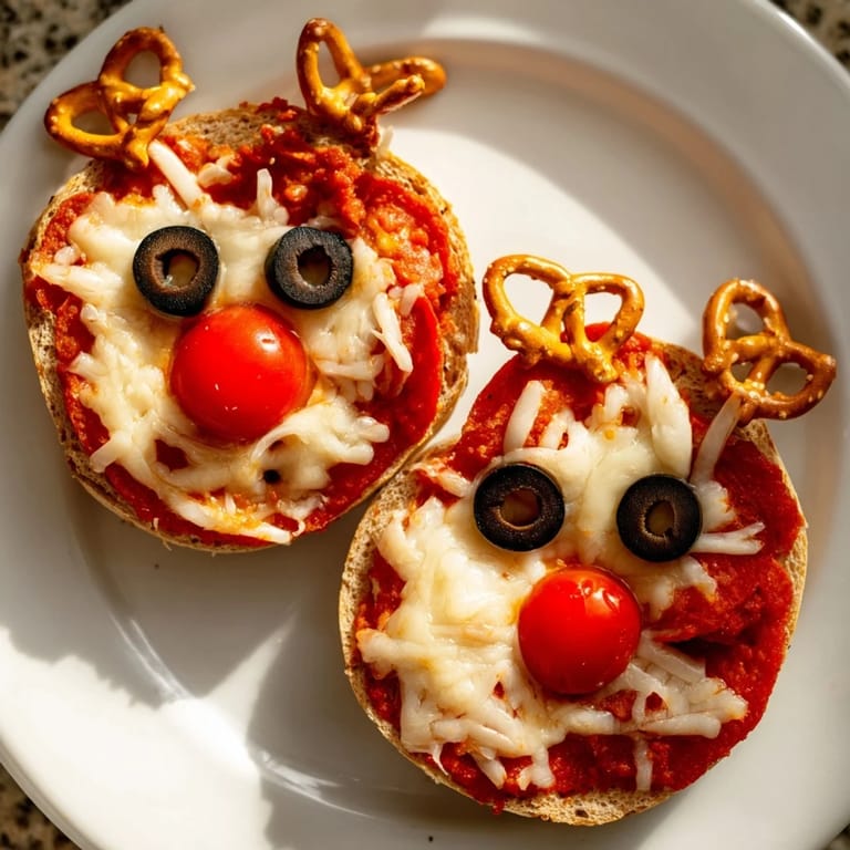 Warm Reindeer Face Pizza Bagels with pretzel antlers, ready for a delightful family snack.