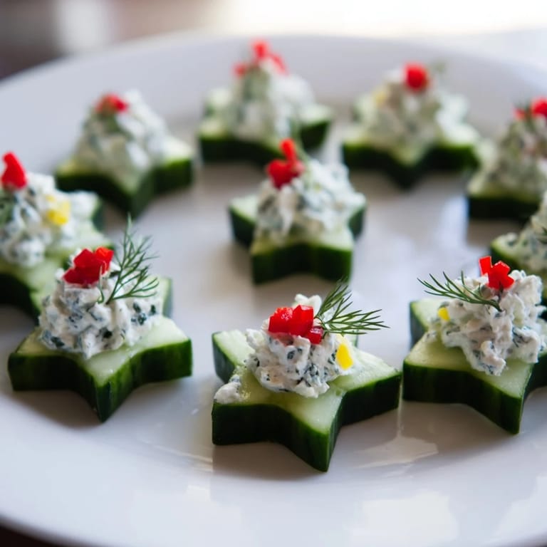 Festive cucumber and dill Christmas stars, a refreshing holiday appetizer with red pepper garnish.