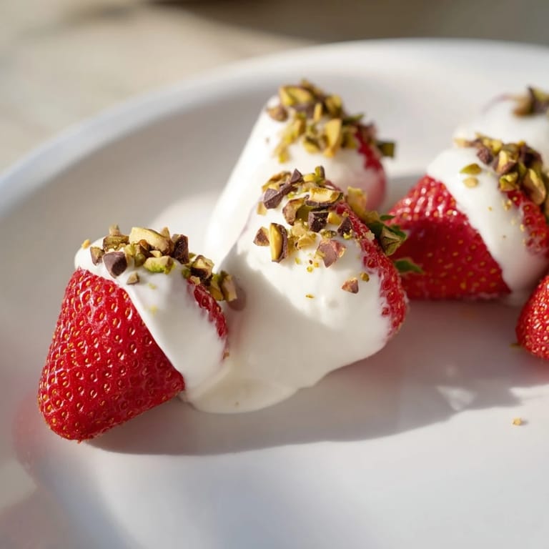 Enjoy these frozen Yogurt Dipped Strawberry Half-Circles: a beautiful, healthy treat with fresh strawberries.
