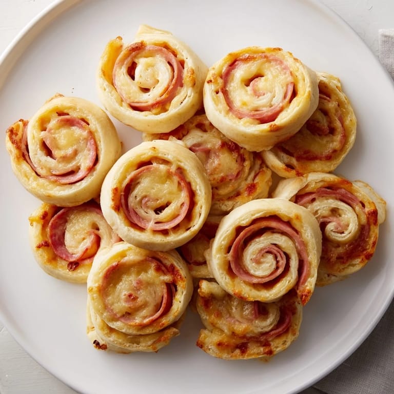 Close-up of baked Savory Ham and Cheese Pinwheel Rolls, showing layers of ham and melted cheese inside.