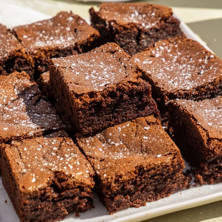Perfectly baked brownie squares, lightly dusted with powdered sugar, waiting to be served.