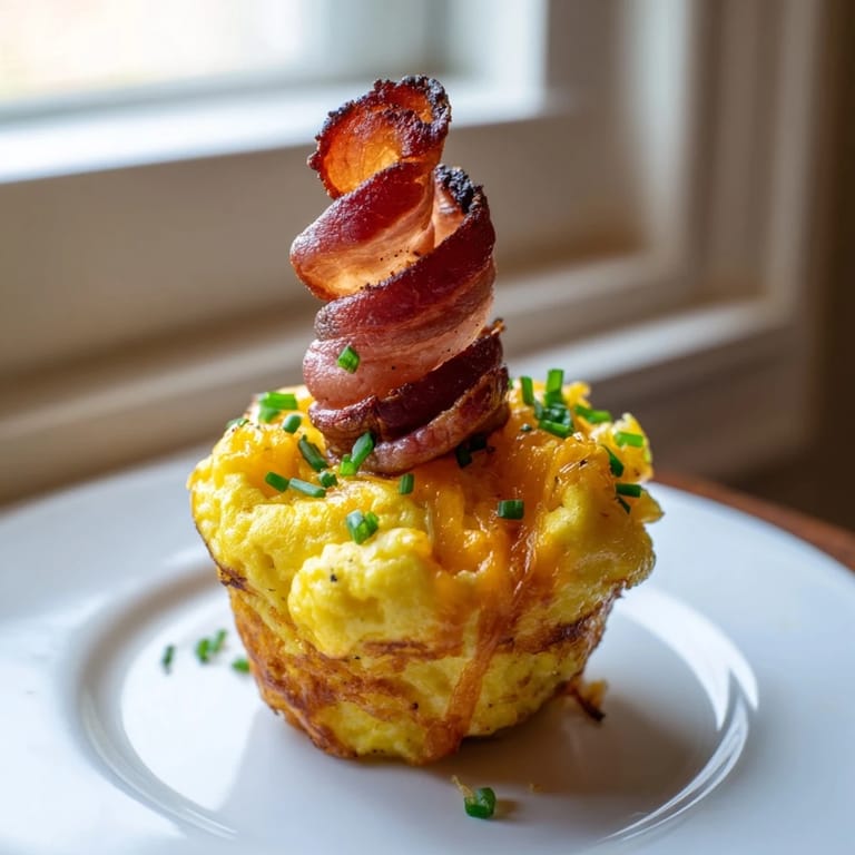 Delicious Scrambled Egg Cups with bacon strips, a comforting, gluten-free, ready to serve recipe.