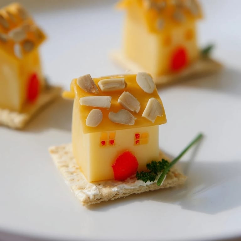 Adorable shot of the Alpine Village appetizer: Miniature cheese houses complete with almond roofs and snowy landscape.
