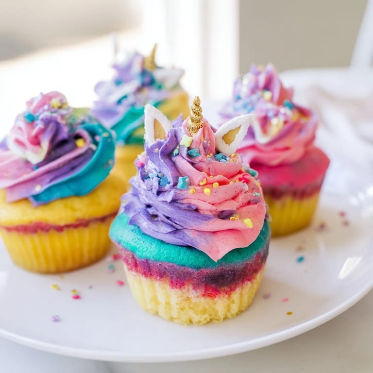 This Magical Unicorn Dessert Table features colorful cupcakes topped with swirling frosting and sprinkles.